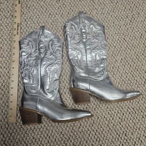 Metallic Silver Cowgirl Cowboy Knee High Boots Women's Size 6 Western Festival